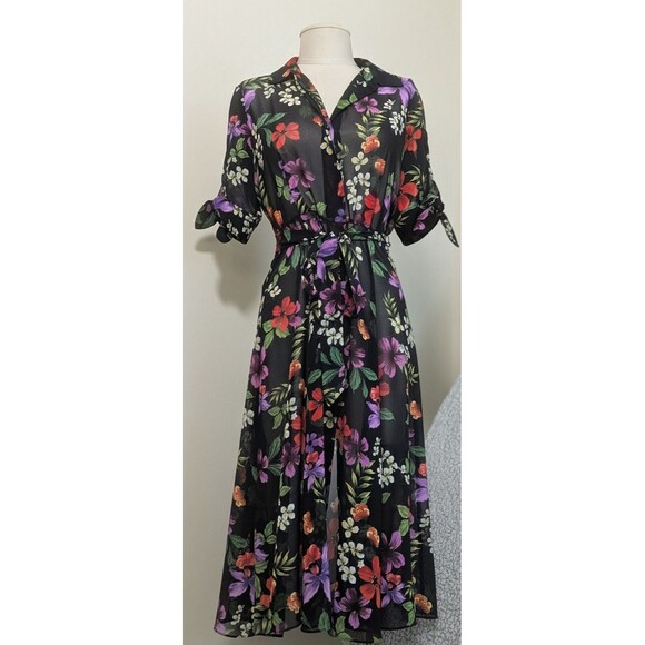 Calvin Klein Dark Floral Midi Dress Sheer  Ethereal Whimsigoth Sz 6 - Picture 1 of 10